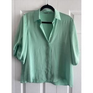 Alexis Button Up Small Blouse‎ Career Light Green Sateen Flowy Garden Feminine